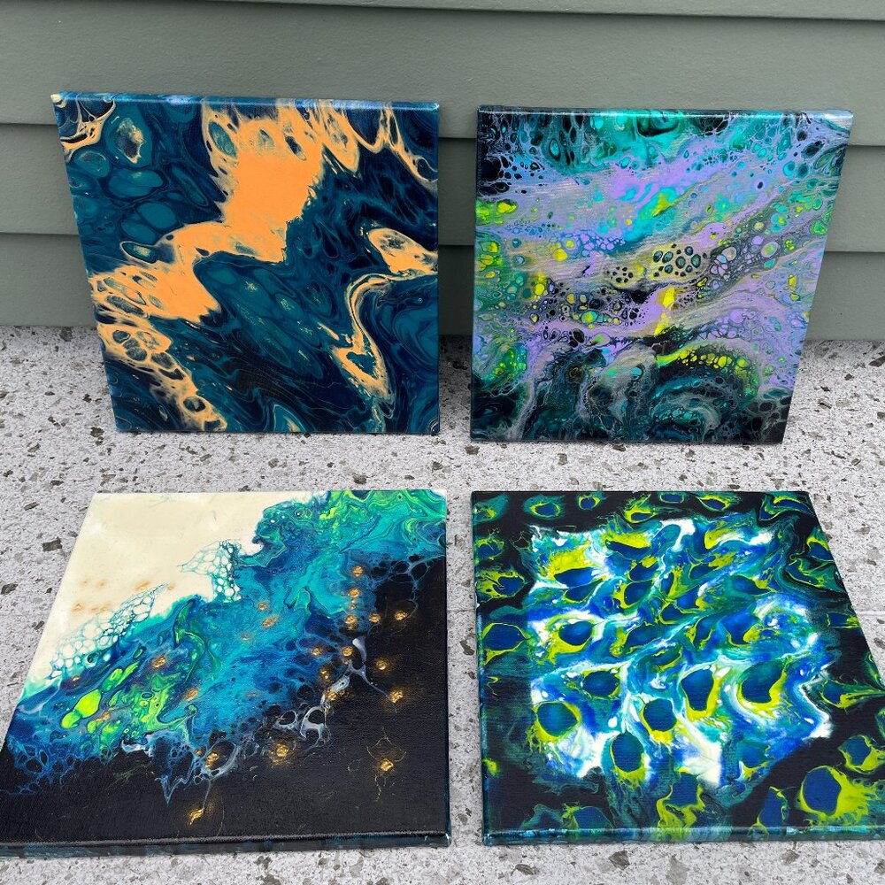 Fluid Abstract Acrylic Pour Painting Lot 4 Oceanic Cellular Flow Original Art